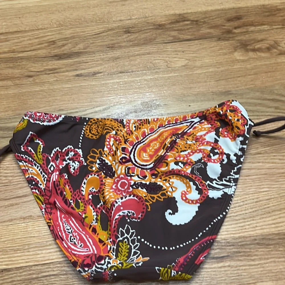 Athleta bikini bottom paisley print brown/orange/raspberry/purple/cream 2 ties - Picture 5 of 6